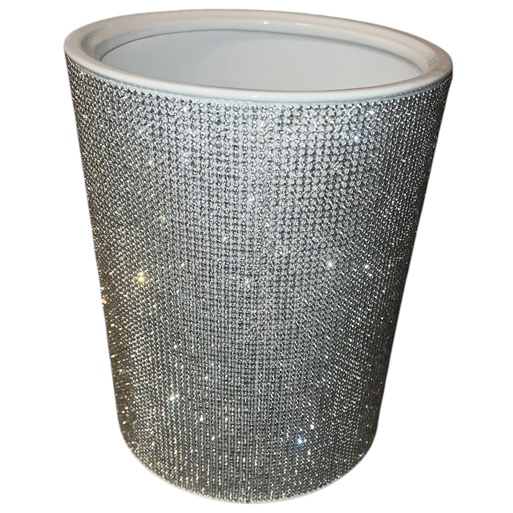 Bella Lux Ceramic White Full Rhinestone  Wastebasket Trash Can Bathroom  NEW